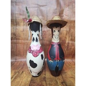 Vintage Hand Painted  Repurposed Bowling Ball Pins Farm Style Cowboy & Cow